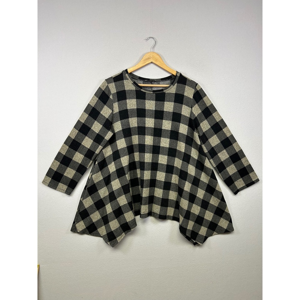 Cabin Core Jodifl Womens 1X Black Buffalo Plaid Elbow Patch Sharkbite Tunic Top